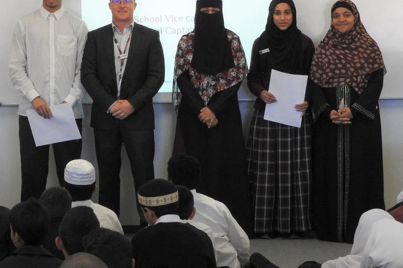 The newly appointed School Captain and Vice School Captain with Principals Mr Houghton and Ms Rahat and last years School Captain Amnah Arain