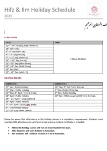 Hifz & Ilm Holiday Class Schedule 2025