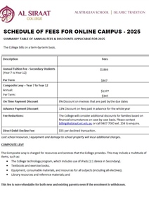 Schedule of Fees for ONLINE Campus 2025